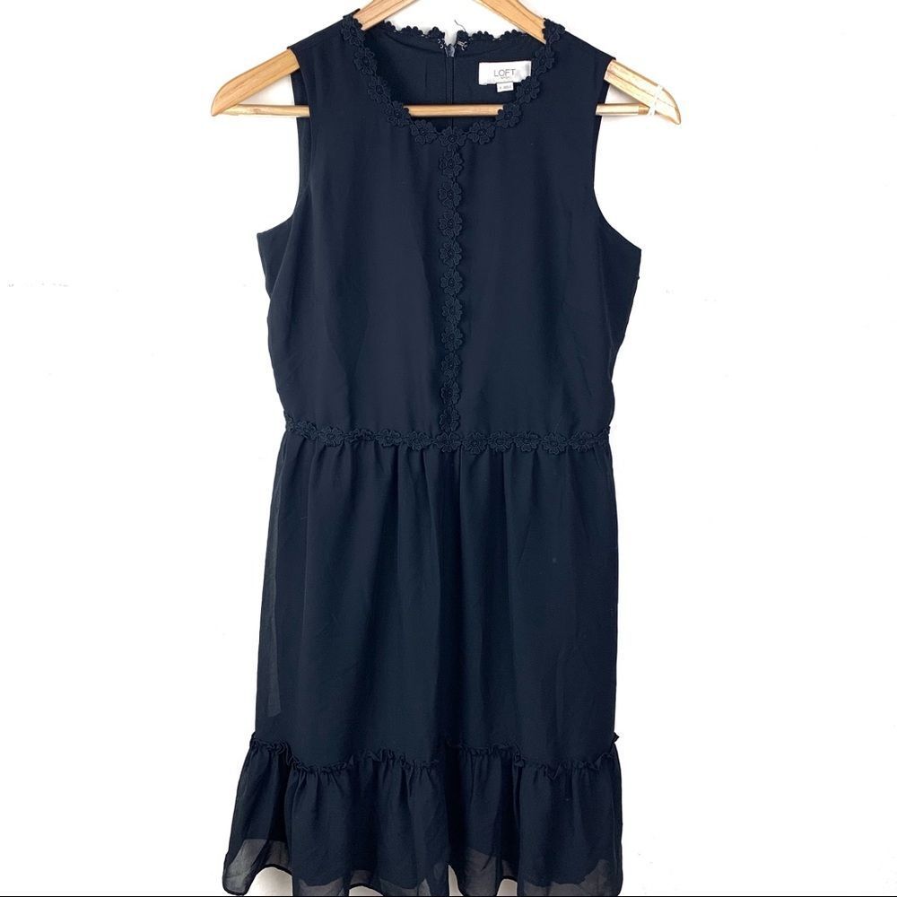 Loft Outlet Black Sleeveless Floral Detail Ruffle Mini Dress Size 0